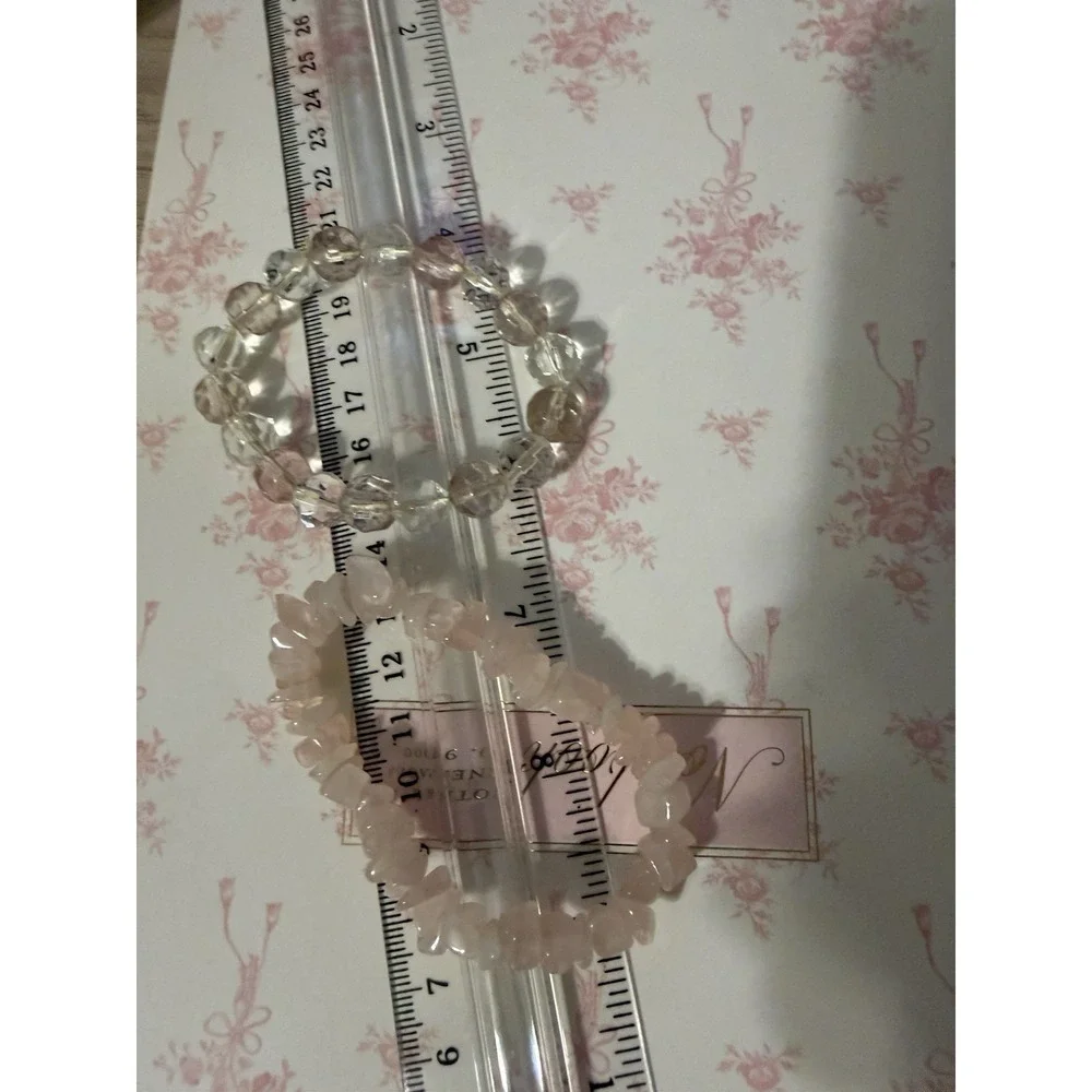 Pair Of Two Stretch Elastic‎ Bracelets White Clear Pale Pink Rose Quartz